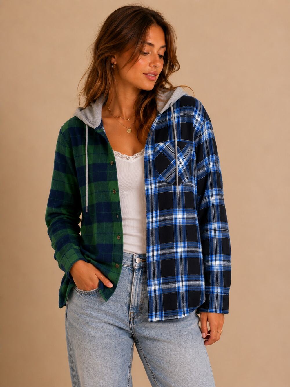 Plaid Jacket Colorblock Tartan Hooded Flannel Shackt M Cotton